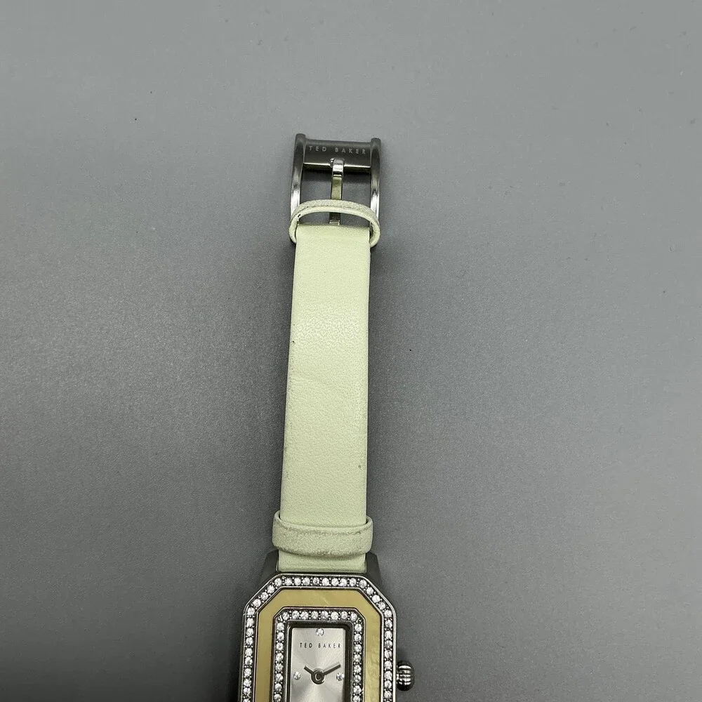 Ted Baker Womens Watch 24mm Silver Tone Crystals Green Leather New Battery